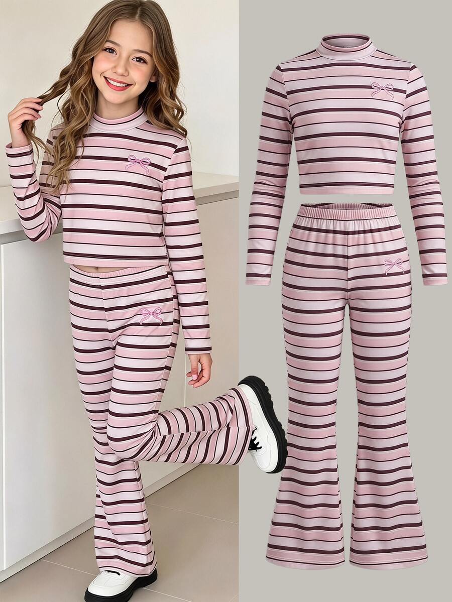 Girls Casual Fashion Pink Striped Slim Fit Mock Neck Long Sleeve T-Shirt With Flare Leg Pants, 2 Pieces Set For Daily Wear In Autumn/Winter - Pink - View 1
