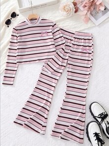 Girls Casual Fashion Pink Striped Slim Fit Mock Neck Long Sleeve T-Shirt With Flare Leg Pants, 2 Pieces Set For Daily Wear In Autumn/Winter - Pink - View 7
