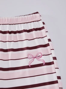 Girls Casual Fashion Pink Striped Slim Fit Mock Neck Long Sleeve T-Shirt With Flare Leg Pants, 2 Pieces Set For Daily Wear In Autumn/Winter - Pink - View 5