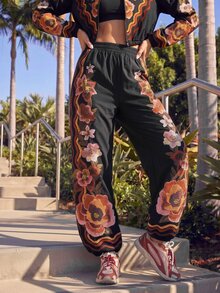 CAJUNI Women's Floral Print Elastic Waist Casual Daily Sports Long Pants - Multicolor - View 1