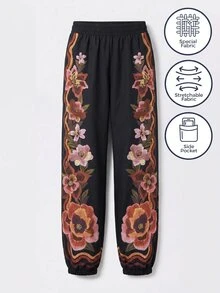 CAJUNI Women's Floral Print Elastic Waist Casual Daily Sports Long Pants - Multicolor - View 6