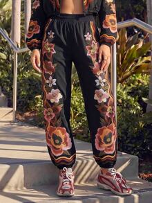 CAJUNI Women's Floral Print Elastic Waist Casual Daily Sports Long Pants - Multicolor - View 3