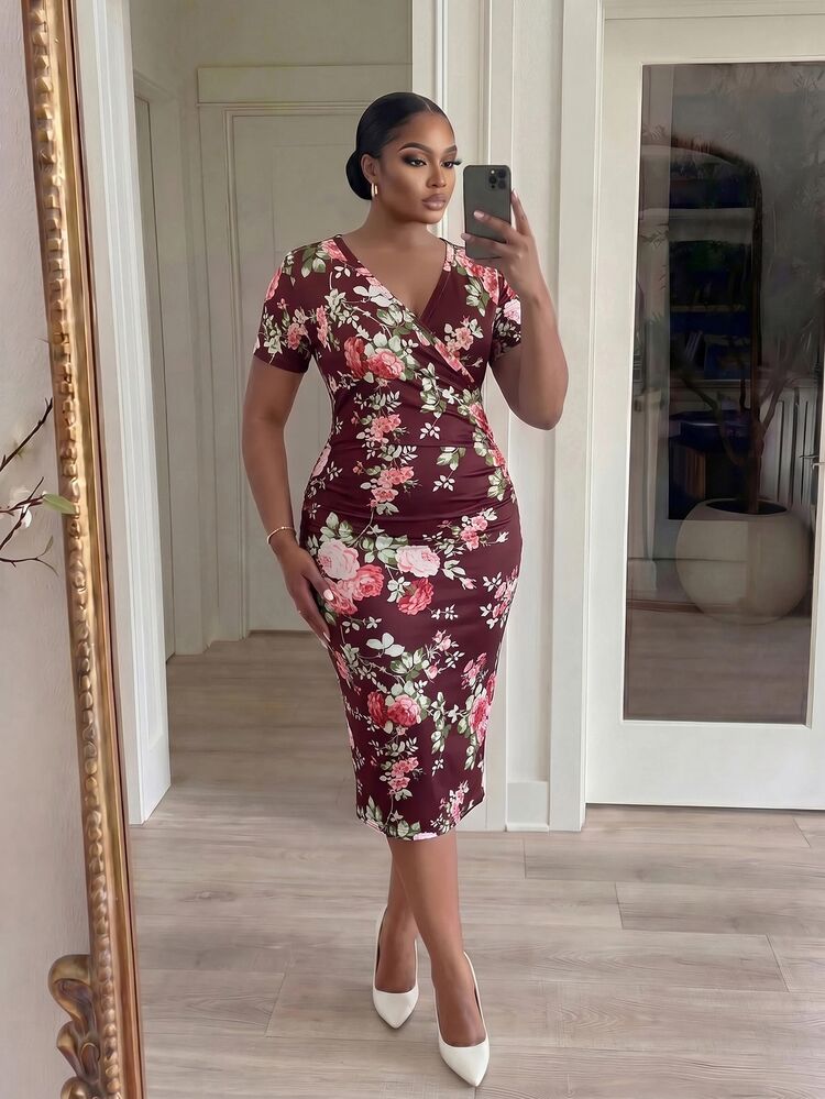 SHEIN Lady CURVE Plus Size Vintage Elegant Floral Print Pleated Sexy Dress Evening Evening Formal Formal Birthday Burgundy Summer - Burgundy - View 6