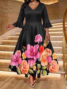 SHEIN Lady Plus Size Floral Print Cinched Waist Dress Wedding Dinner Evening Formal Black Autumn Elegant Fall - Multicolor - View 1