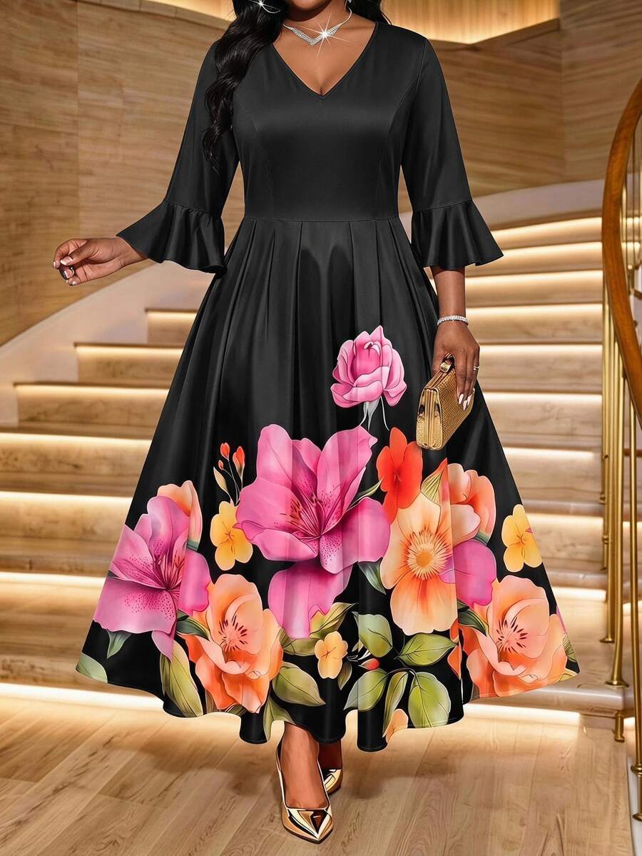 SHEIN Lady Plus Size Floral Print Cinched Waist Dress Wedding Dinner Evening Formal Black Autumn Elegant Fall - Multicolor - View 1