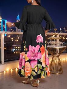 SHEIN Lady Plus Size Floral Print Cinched Waist Dress Wedding Dinner Evening Formal Black Autumn Elegant Fall - Multicolor - View 2