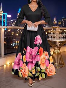 SHEIN Lady Plus Size Floral Print Cinched Waist Dress Wedding Dinner Evening Formal Black Autumn Elegant Fall - Multicolor - View 3