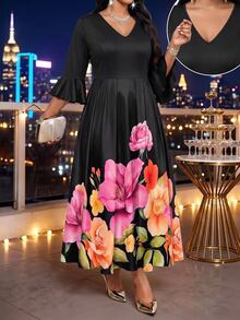 SHEIN Lady Plus Size Floral Print Cinched Waist Dress Wedding Dinner Evening Formal Black Autumn Elegant Fall - Multicolor - View 4