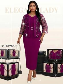 Fleurora Plus Size Women's Elegant Casual 2 Pieces Set With Sequin Mesh Jacket And Dress In Dark Purple Wedding Cocktail Dinner Formal Summer Evening Magenta - Red Violet - View 5