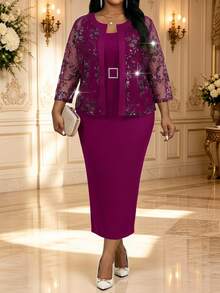 Fleurora Plus Size Women's Elegant Casual 2 Pieces Set With Sequin Mesh Jacket And Dress In Dark Purple Wedding Cocktail Dinner Formal Summer Evening Magenta - Red Violet - View 1
