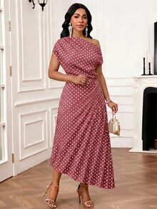 SHEIN Lady فستان صيفي أنيق بمقاسات كبيرة بطبعة وردي باهت وتصميم غير متماثل لحفلات الزفاف والمواعيد - وردي - مشاهدة 3