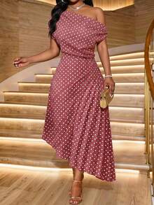SHEIN Lady Plus Size Summer Elegant Dusty Rose Print Asymmetric Dress Wedding Dates - Pink - View 1