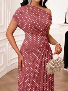 SHEIN Lady Plus Size Summer Elegant Dusty Rose Print Asymmetric Dress Wedding Dates - Pink - View 4