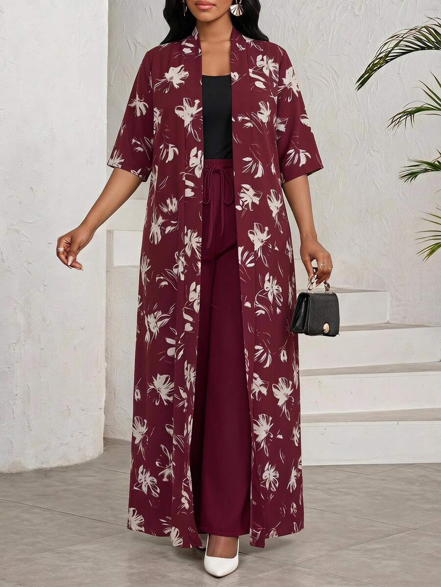 SHEIN Lady Plus Size Women's All-Over Print Cardigan And Pants Casual Elegant Everyday Tea Party Formal 2 Pieces Set Brunch Vacation Burgundy Summer - Burgundy - View 1