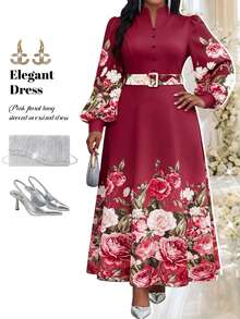 Fleurora Gaun Fashion Ukuran Besar Vintage Elegan Motif Bunga Kancing Gesper untuk Pernikahan, Makan Malam Formal, Warna Burgundy, Musim Gugur - Burgundy - View 4