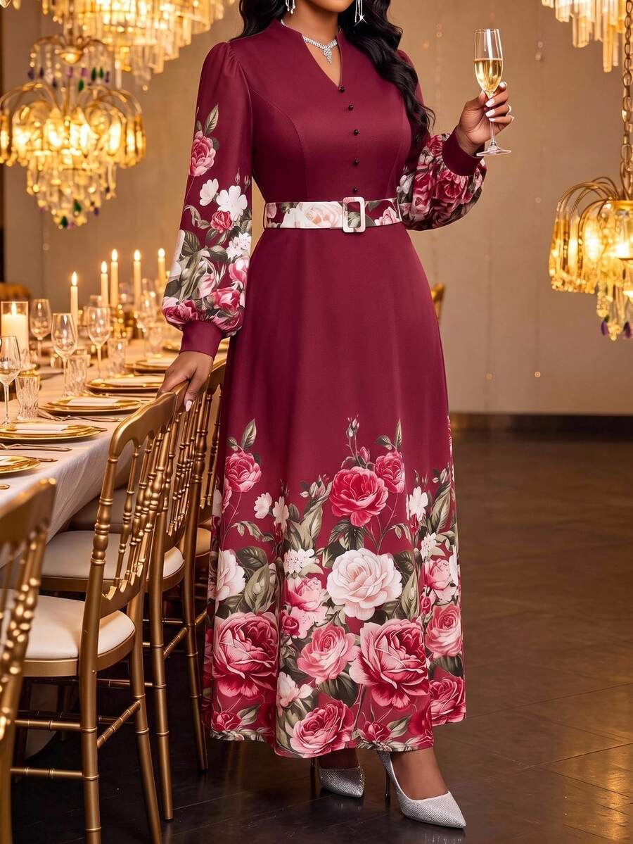 Fleurora Gaun Fashion Ukuran Besar Vintage Elegan Motif Bunga Kancing Gesper untuk Pernikahan, Makan Malam Formal, Warna Burgundy, Musim Gugur - Burgundy - View 1
