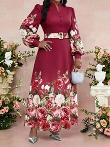 Fleurora Gaun Fashion Ukuran Besar Vintage Elegan Motif Bunga Kancing Gesper untuk Pernikahan, Makan Malam Formal, Warna Burgundy, Musim Gugur - Burgundy - View 3