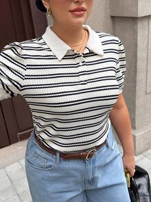 Dripcurv 大尺碼女款夏季黑白條紋 Polo T恤，簡約 90 年代柔美修身商務休閒風，優雅休閒度假運動約會穿搭 - 黑與白 - 查看 3