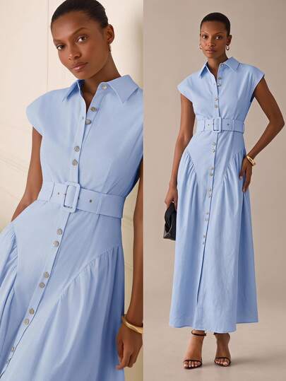 Lilora Women's Elegant Casual French Long Open Front Shirt Dress Office Work Business Brunch Light Blue Summer