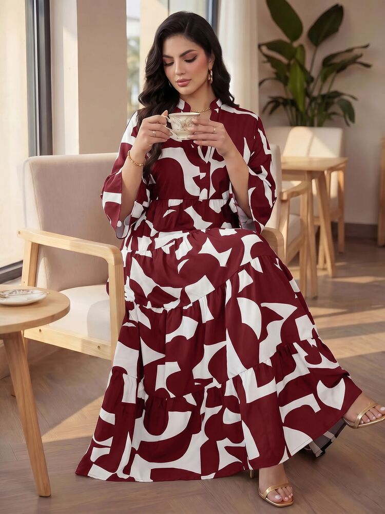 Auveirra Plus Size Casual Elegant Traditional Commute Brunch Office Evening Formal Birthday All-Over Print Dress Burgundy Autumn Fall - Burgundy - View 3