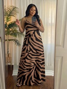 SHEIN Lady CURVE 大尺碼女款拼色休閒優雅性感日常外穿夏季細肩帶洋裝 雞尾酒會度假約會之夜派對早午餐 黑色 - 棕色 - 查看 4