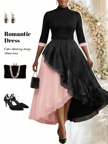 Fleurora Plus Size Women's Stand Collar 3/4 Sleeve Color Block Patchwork Ruffle Hem Elegant Dress Wedding Brunch Formal Dinner Pink Autumn Fall - Pink - View 6