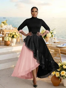 Fleurora Plus Size Women's Stand Collar 3/4 Sleeve Color Block Patchwork Ruffle Hem Elegant Dress Wedding Brunch Formal Dinner Pink Autumn Fall - Pink - View 4