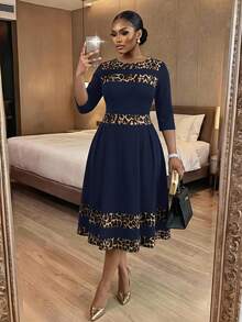 SHEIN Lady CURVE 大尺碼女款豹紋拼色休閒優雅商務秋季旅行洋裝，適合辦公室、晚宴、早午餐、正式約會，海軍藍秋季款 - 藏蓝色 - 查看 1