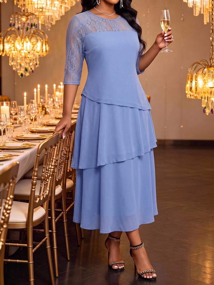 Fleurora Gaun Wanita Ukuran Besar Elegan Profesional Warna Biru Muda Pucat dengan Lengan Berongga dan Jahitan Renda Berlapis untuk Acara Formal Malam Hari, Musim Panas, Pernikahan, Pesta Koktail - Biru - View 1