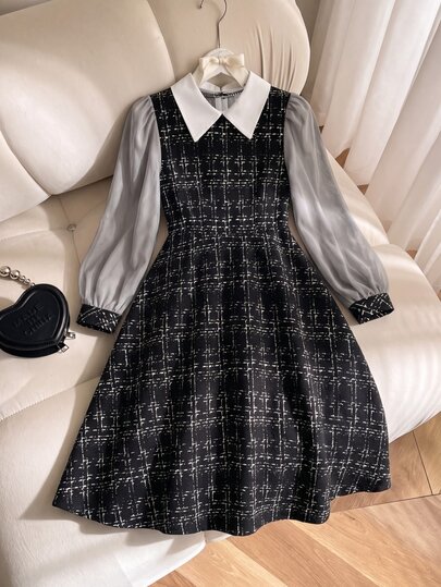 Tween Girl Black Plaid Long Sleeve Black Dresses Homecoming Dress Fall Style US Fall Style
