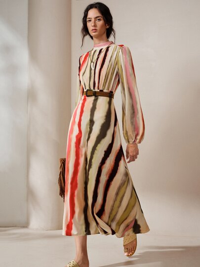 Frievida French Elegant Style Pleated Chest Design Fashionable Contrast Stripe Print Long Sleeve Dress With Self-Fabric Belt Brunch Tea Party Beige Autumn
