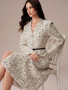 BELROSIE Women's Dress Jacket Sequin Textured Fabric Slim Fit A-Line Silhouette All-Over Off-White Sequin Decor Design Single-Breasted Button V-Neck Dinner - Multicolor - View 4