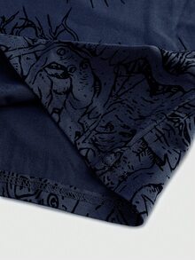 ROMWE MEN Street Life Men's Batwing Sleeve Printed Short Sleeve T-Shirt, Suitable For Spring And Summer - Navy Blue - View 5