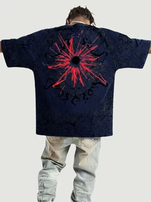 ROMWE MEN Street Life Men's Batwing Sleeve Printed Short Sleeve T-Shirt, Suitable For Spring And Summer - Navy Blue - View 2