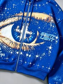 ROMWE MEN Street Life Men's Eye Pattern & Letter Print Zip-Up Hooded Sweatshirt - Blue - View 3