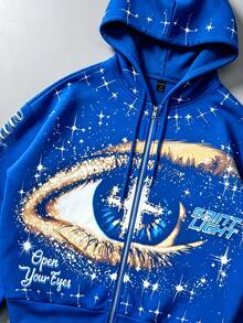 ROMWE MEN Street Life Men's Eye Pattern & Letter Print Zip-Up Hooded Sweatshirt - Blue - View 4
