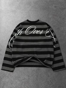 ROMWE MEN Men's Long Sleeve T-Shirt With Calligraphy Print And Stripes - Black - View 2