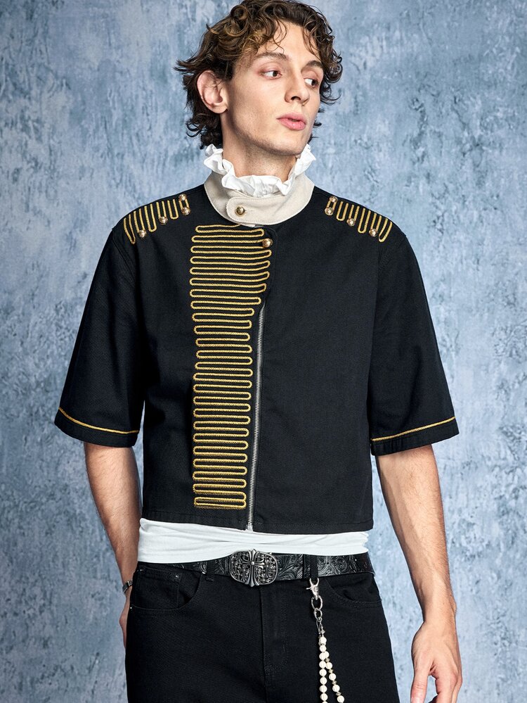 ROMWE MEN Street Life Men's Court Style Contrast Design Collar Button Short Sleeve Denim Shirt - Black - View 9