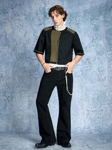 ROMWE MEN Street Life 男士球場風對比設計領口鈕扣短袖牛仔襯衫 - 黑色 - 查看 7