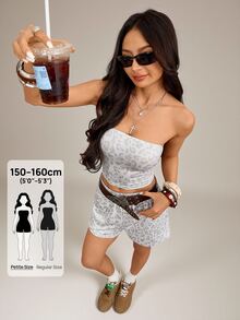 SHEIN PETITE Summer Fashion Leopard Print Bandeau Top And Shorts 2 Pieces Set Beach Club White Sexy - Multicolor - View 1