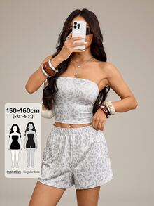 SHEIN PETITE Summer Fashion Leopard Print Bandeau Top And Shorts 2 Pieces Set Beach Club White Sexy - Multicolor - View 4