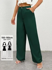 SHEIN PETITE Women's Solid Color Front Button Pocket Casual Pants - Dark Green - View 6