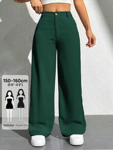 SHEIN PETITE Women's Solid Color Front Button Pocket Casual Pants - Dark Green - View 4