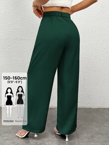 SHEIN PETITE Women's Solid Color Front Button Pocket Casual Pants - Dark Green - View 2