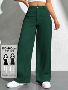 SHEIN PETITE Women's Solid Color Front Button Pocket Casual Pants - Dark Green - View 3
