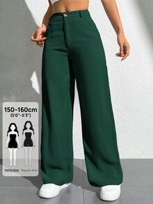SHEIN PETITE Women's Solid Color Front Button Pocket Casual Pants - Dark Green - View 5