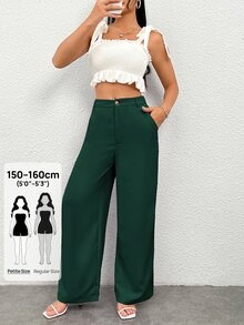 SHEIN PETITE Women's Solid Color Front Button Pocket Casual Pants - Dark Green - View 7