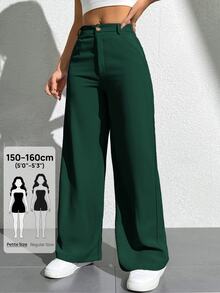 SHEIN PETITE Women's Solid Color Front Button Pocket Casual Pants - Dark Green - View 1