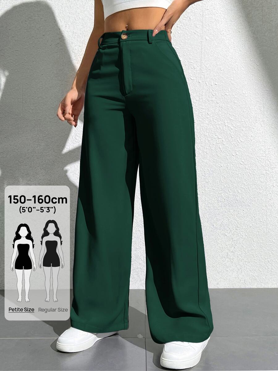 SHEIN PETITE Women's Solid Color Front Button Pocket Casual Pants - Dark Green - View 1