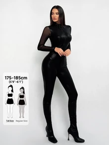 SHEIN Tall 拉鍊式網格拼接緊身連身褲，黑色，適合高個女性 - 黑色 - 查看 1
